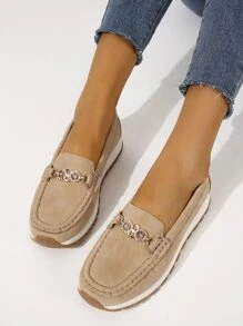 Rhinestone & Metal Decor Slip On Shoes, Slip-on Sneakers With Rhinestone Decoration, Khaki Color, Solid Color, Women's Casual Sports Shoes - Khaki - View 3