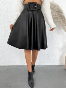 EURMUSE Solid High Waist Flare Skirt - Black - View 1