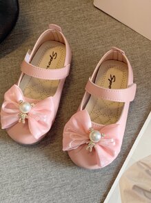 女孩蝴蝶結和人造珍珠裝飾瑪麗珍平底鞋