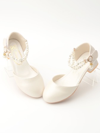 Girls Rhinestone & Faux Pearl Decor Ankle Strap Flats
