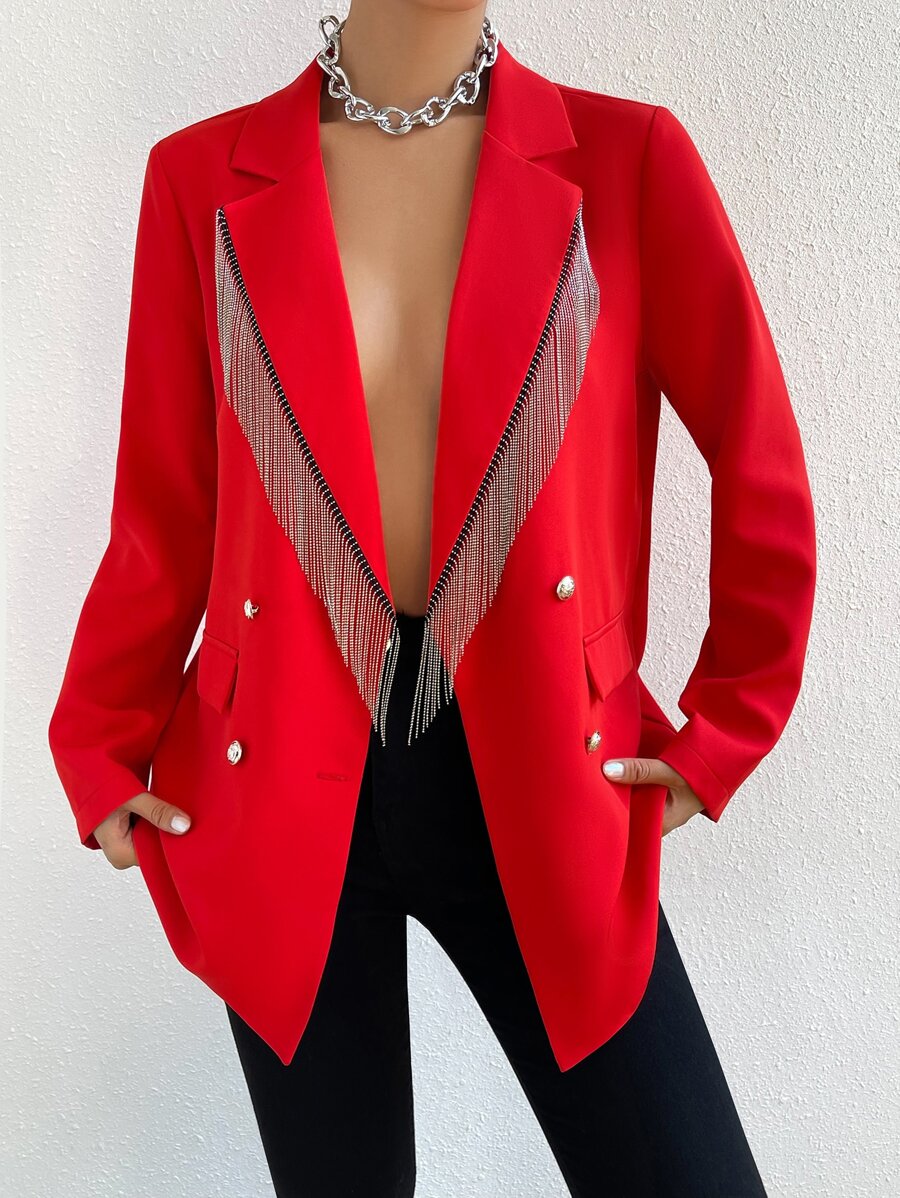 Allurite Double Breasted Fringe Trim Blazer - Red - View 1
