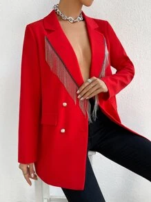 Allurite Double Breasted Fringe Trim Blazer - Red - View 4