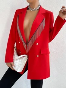 Allurite Double Breasted Fringe Trim Blazer - Red - View 5