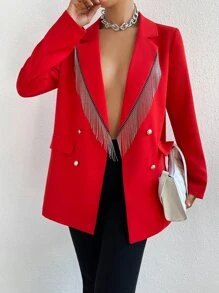 Allurite Double Breasted Fringe Trim Blazer - Red - View 6