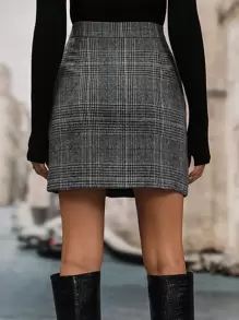 SHEIN LUNE 格紋印花前紐扣半身裙 - 深灰色 - 查看 2