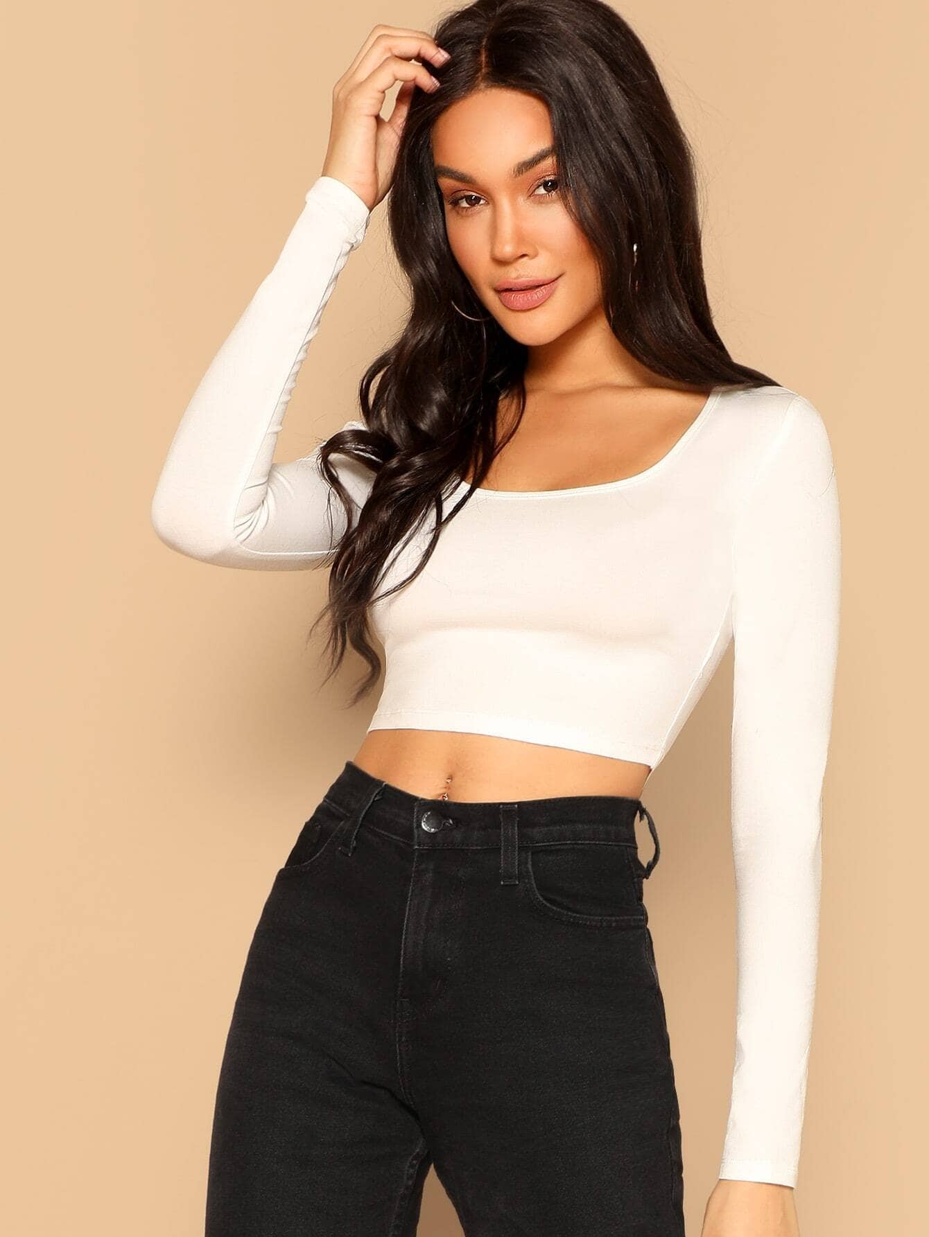 Cloudara Camiseta crop ajustada de cuello scoop - Blanco - Ver 1