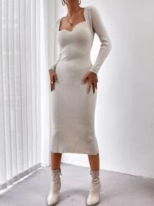 EURMUSE Vestido de punto escote corazón de manga raglán - Albaricoque - Ver 5