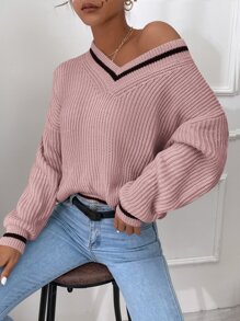 RueChic Striped Trim Drop Shoulder Jumper - Pink - View 3
