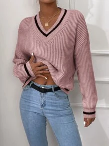 RueChic Striped Trim Drop Shoulder Jumper - Pink - View 5