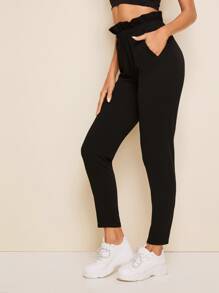Paperbag Waist Slant Pocket Trousers - Black - View 1