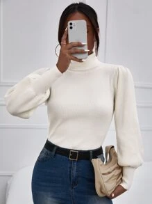 Cloudara Turtleneck Lantern Sleeve Sweater - White - View 3