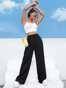 EURMUSE Elastic Waist Wide Leg Trousers - Black - View 3