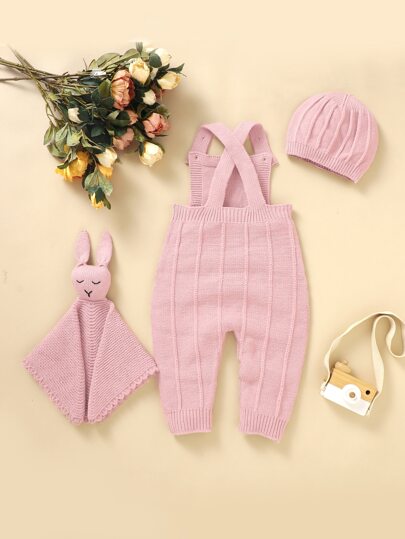 Baby Girl Crisscross Back Knit Jumpsuit & Hat & Rabbit Soothing Towel Without Tee