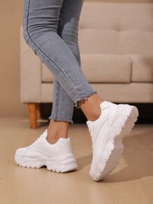 前綁帶老爹鞋,女士老爹鞋帶白色拼貼和素色,運動鞋