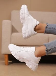 前綁帶老爹鞋,女士老爹鞋帶白色拼貼和素色,運動鞋