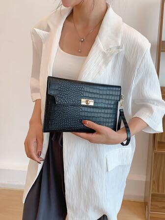 Krokodil Tryckt Krokodilpräglad Vridlås Klaff Fyrkantig Väska Med Vristband För Teen Flickor Kvinnor College Studenter , & Vit krage Arbetare Perfekt För kontoret , College , Jobb , Business , Pendla