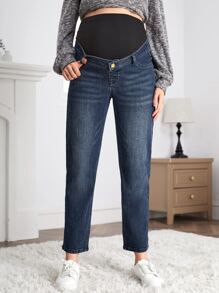 SHEIN Maternity Adjustable Waist Straight Leg Jeans - Dark Wash - View 5