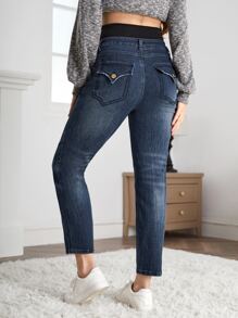 SHEIN Maternity Adjustable Waist Straight Leg Jeans - Dark Wash - View 2