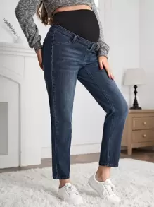 SHEIN Maternity Adjustable Waist Straight Leg Jeans - Dark Wash - View 1