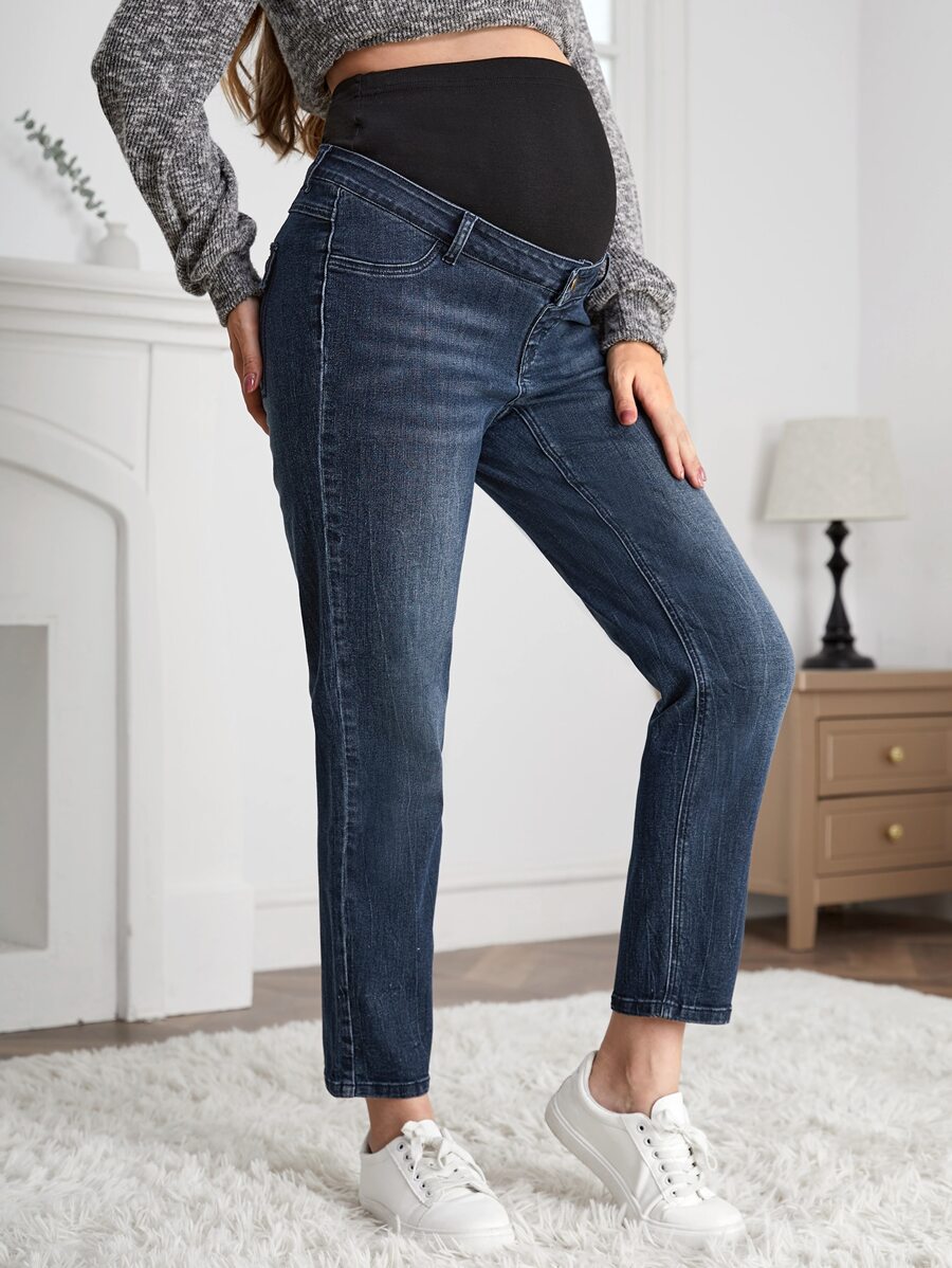 SHEIN Maternity Adjustable Waist Straight Leg Jeans - Dark Wash - View 1