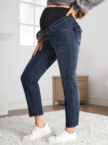 SHEIN Maternity Adjustable Waist Straight Leg Jeans - Dark Wash - View 7
