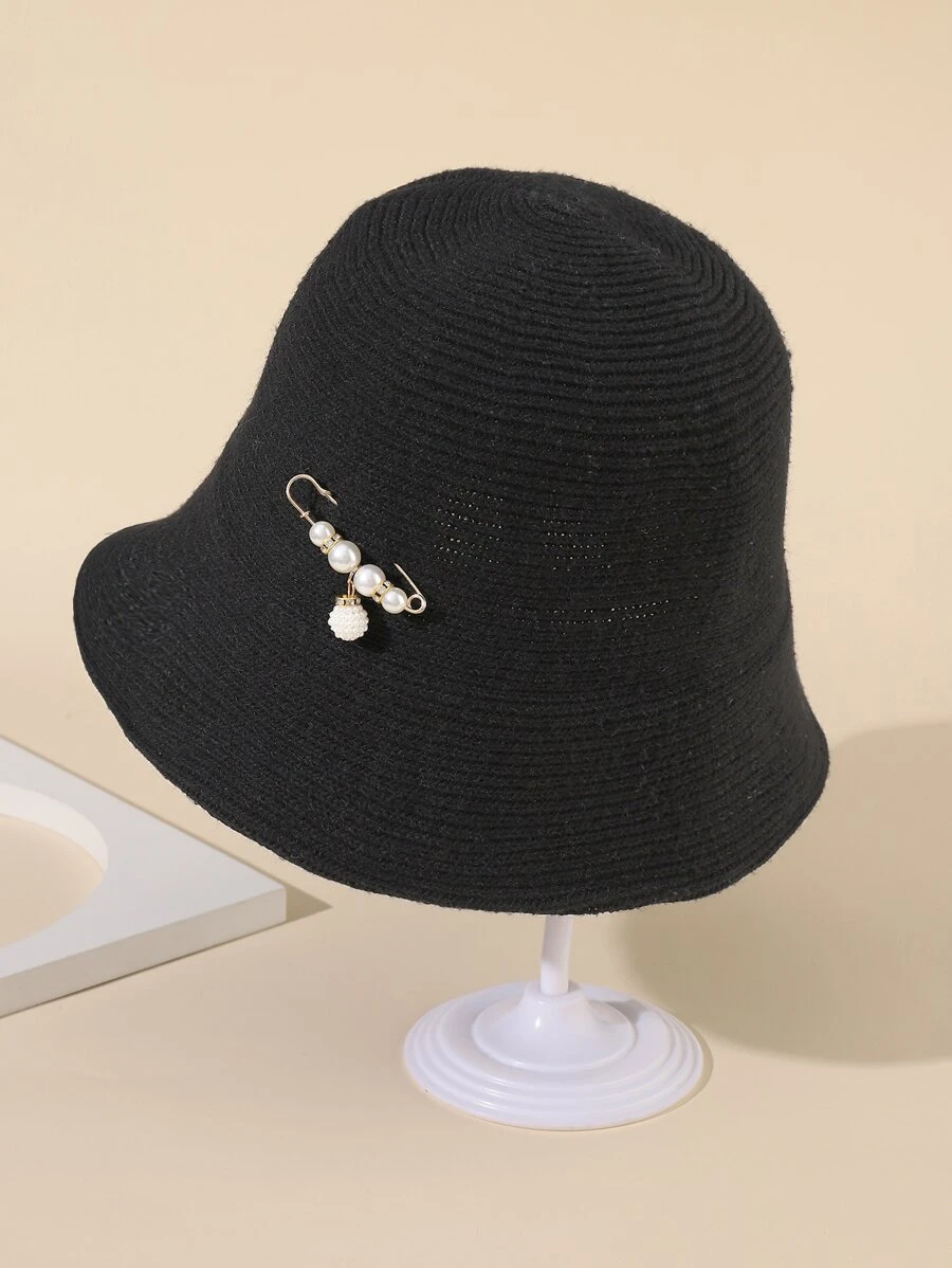Safety Pin & Faux Pearl Decor Bucket Hat - Black - View 1