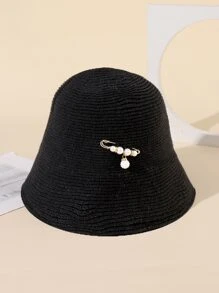Safety Pin & Faux Pearl Decor Bucket Hat - Black - View 3