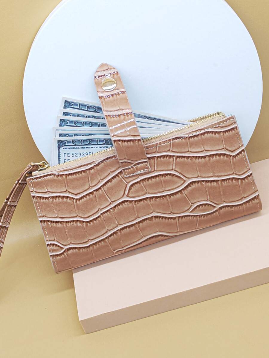 MINGYOU Crocodile Embossed Snap Button Long Wallet | SHEIN USA