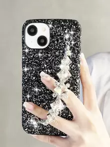Sequin Decor Phone Case With Hand Strap - Black - View 1