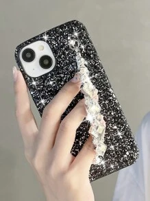 Sequin Decor Phone Case With Hand Strap - Black - View 3