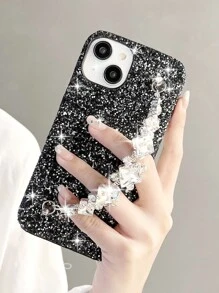 Sequin Decor Phone Case With Hand Strap - Black - View 4
