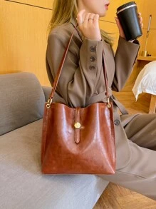 復古設計水桶包 - 棕色 - 查看 1