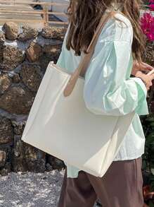 Stitch Detail Shoulder Tote Bag - White - View 1