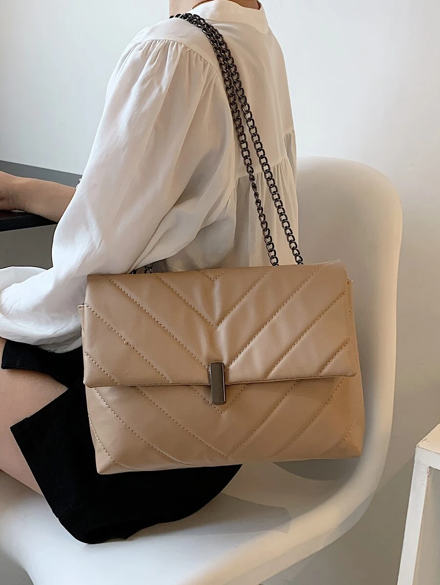 1 Túi Da PU Màu Trơn Thanh Lịch Tối Giản Phong Cách Dây Xích Kim Loại Đeo Vai/Túi Đeo Vai Có Khóa Nắp, Thích Hợp Để Mặc Hàng Ngày, Mua Sắm, Thu Thập, Và Đựng Mỹ Phẩm, Vv. - Màu Khaki - Xem 1