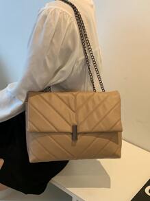 1 Túi Da PU Màu Trơn Thanh Lịch Tối Giản Phong Cách Dây Xích Kim Loại Đeo Vai/Túi Đeo Vai Có Khóa Nắp, Thích Hợp Để Mặc Hàng Ngày, Mua Sắm, Thu Thập, Và Đựng Mỹ Phẩm, Vv. - Màu Khaki - Xem 2