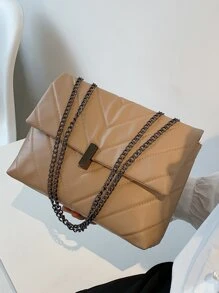 1 Túi Da PU Màu Trơn Thanh Lịch Tối Giản Phong Cách Dây Xích Kim Loại Đeo Vai/Túi Đeo Vai Có Khóa Nắp, Thích Hợp Để Mặc Hàng Ngày, Mua Sắm, Thu Thập, Và Đựng Mỹ Phẩm, Vv. - Màu Khaki - Xem 6