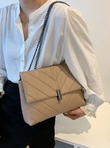 1 Túi Da PU Màu Trơn Thanh Lịch Tối Giản Phong Cách Dây Xích Kim Loại Đeo Vai/Túi Đeo Vai Có Khóa Nắp, Thích Hợp Để Mặc Hàng Ngày, Mua Sắm, Thu Thập, Và Đựng Mỹ Phẩm, Vv. - Màu Khaki - Xem 7