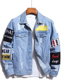 Manfinity EMRG Men Cotton Letter Graphic Patched Detail Denim Jacket Without Tee - Light Wash - View 1