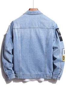 Manfinity EMRG Men Cotton Letter Graphic Patched Detail Denim Jacket Without Tee - Light Wash - View 2