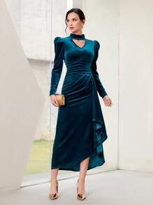 Modelyn 鎖脖領口羊腿袖褶邊前垂褶絲絨洋裝 - 水鴨藍 - 查看 3