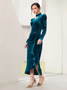 Modelyn 鎖脖領口羊腿袖褶邊前垂褶絲絨洋裝 - 水鴨藍 - 查看 1