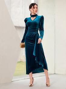 Modelyn 鎖脖領口羊腿袖褶邊前垂褶絲絨洋裝 - 水鴨藍 - 查看 4