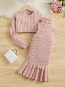 SHEIN Girls Cable Knit Jumper & Ruffle Hem Jumper Dress - Dusty Pink - View 1