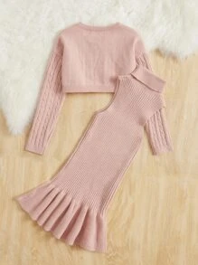SHEIN Girls Cable Knit Jumper & Ruffle Hem Jumper Dress - Dusty Pink - View 2