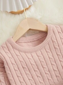 SHEIN Girls Cable Knit Jumper & Ruffle Hem Jumper Dress - Dusty Pink - View 3