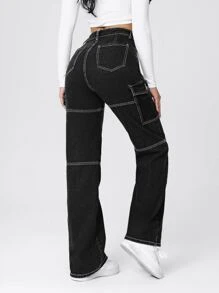 SHEIN EZwear Quần jean nữ Nút Túi Dây kéo Tương phản ràng buộc màu trơn - Màu xám đen - Xem 2