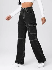SHEIN EZwear Quần jean nữ Nút Túi Dây kéo Tương phản ràng buộc màu trơn - Màu xám đen - Xem 3