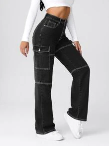 SHEIN EZwear Quần jean nữ Nút Túi Dây kéo Tương phản ràng buộc màu trơn - Màu xám đen - Xem 4