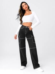 SHEIN EZwear Quần jean nữ Nút Túi Dây kéo Tương phản ràng buộc màu trơn - Màu xám đen - Xem 5