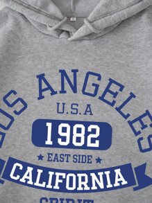 SHEIN EZwear Letter Graphic Kangaroo Pocket Drawstring Thermal Lined Hoodie - Grey - View 4